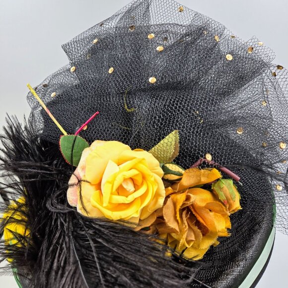 Vintage Hat With Feathers And Flowers Black Yellow Costume Halloween Fancy Read - Picture 4 of 11